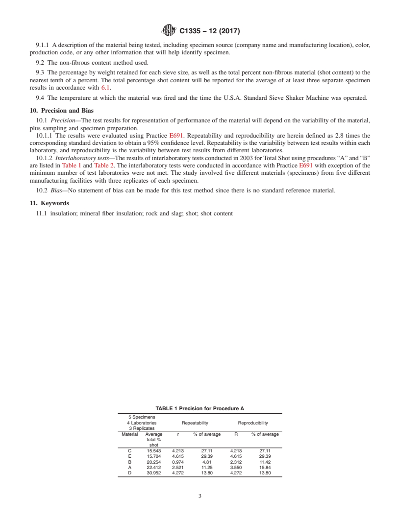 REDLINE ASTM C1335-12(2017) - Standard Test Method for  Measuring Non-Fibrous Content of Man-Made Rock and Slag Mineral  Fiber Insulation