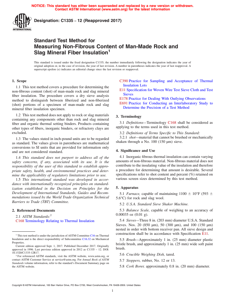 ASTM C1335-12(2017) - Standard Test Method for  Measuring Non-Fibrous Content of Man-Made Rock and Slag Mineral  Fiber Insulation