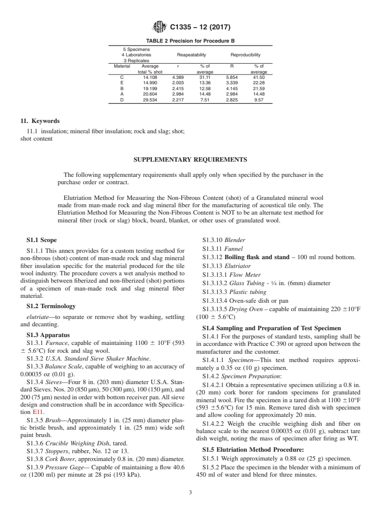 ASTM C1335-12(2017) - Standard Test Method for  Measuring Non-Fibrous Content of Man-Made Rock and Slag Mineral  Fiber Insulation