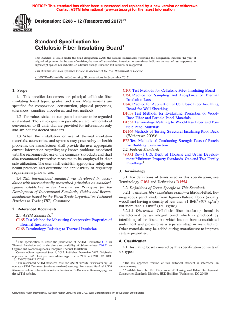 ASTM C208-12(2017)e1 - Standard Specification for  Cellulosic Fiber Insulating Board