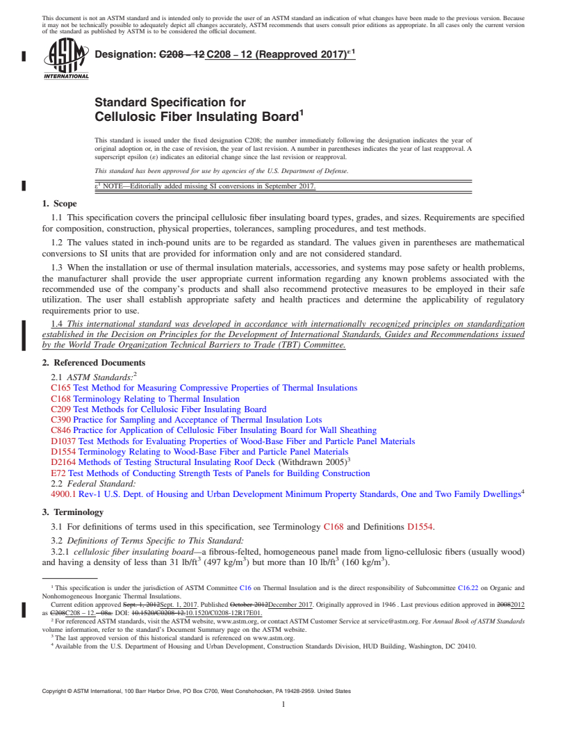 REDLINE ASTM C208-12(2017)e1 - Standard Specification for  Cellulosic Fiber Insulating Board