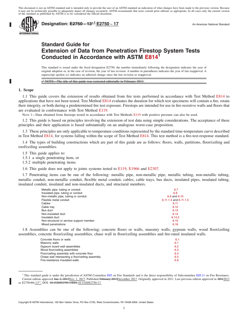 REDLINE ASTM E2750-17 - Standard Guide for  Extension of Data from Penetration Firestop System Tests Conducted  in Accordance with ASTM E814