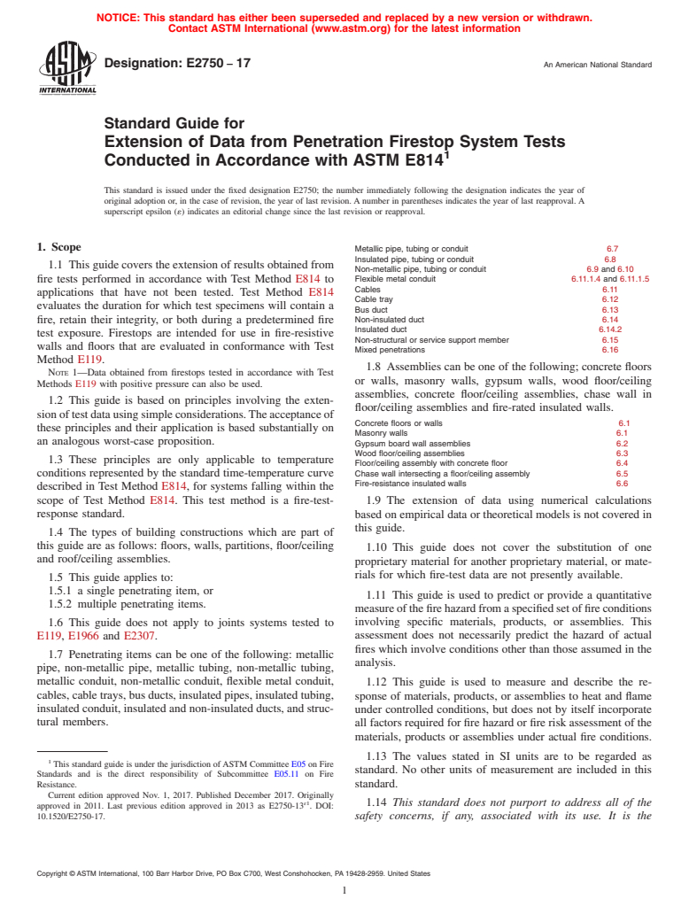 ASTM E2750-17 - Standard Guide for  Extension of Data from Penetration Firestop System Tests Conducted  in Accordance with ASTM E814