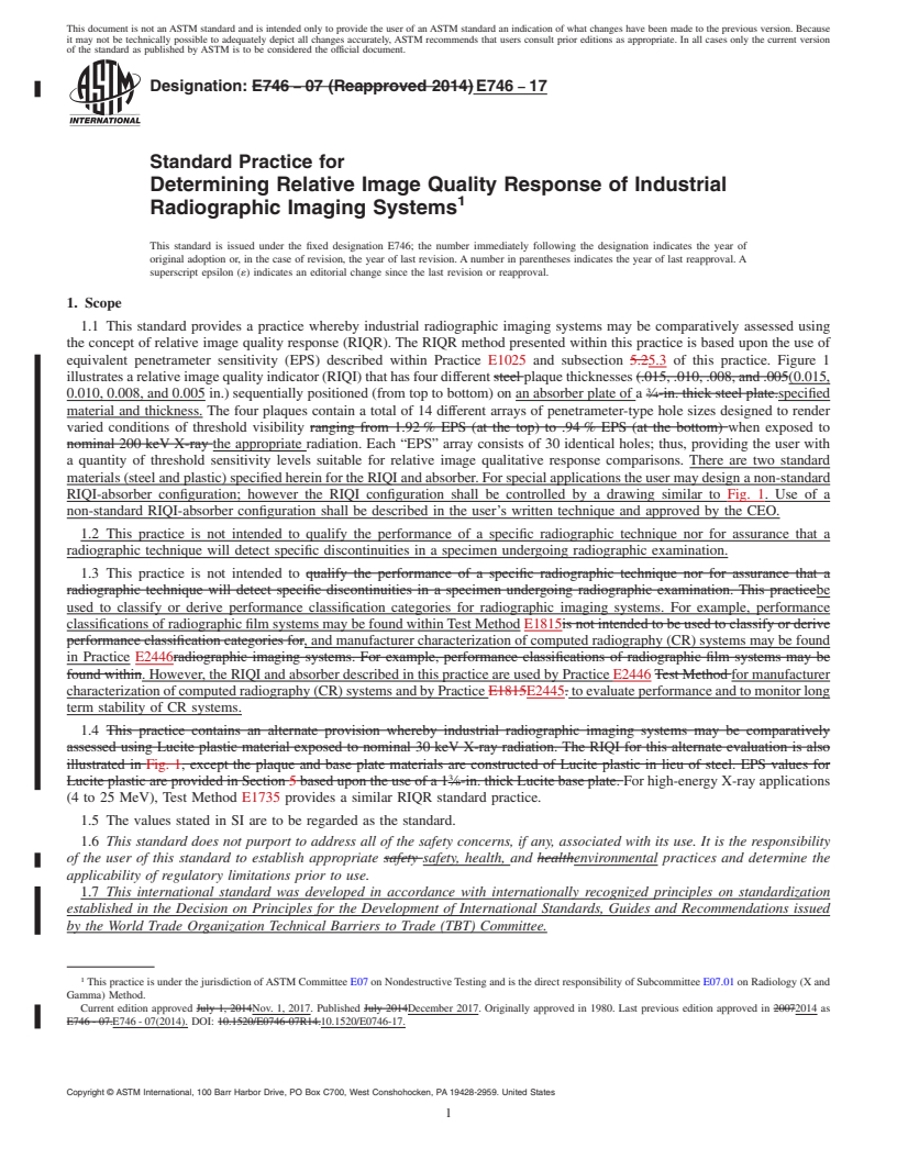 REDLINE ASTM E746-17 - Standard Practice for  Determining Relative Image Quality Response of Industrial Radiographic  Imaging Systems