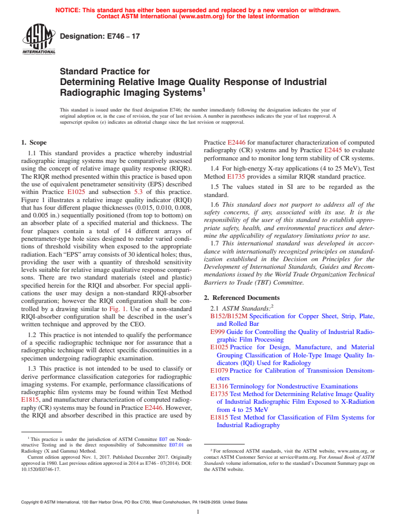 ASTM E746-17 - Standard Practice for  Determining Relative Image Quality Response of Industrial Radiographic  Imaging Systems