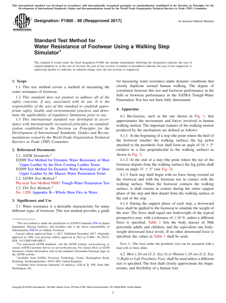 ASTM F1900-98(2017) - Standard Test Method for  Water Resistance of Footwear Using a Walking Step Simulator