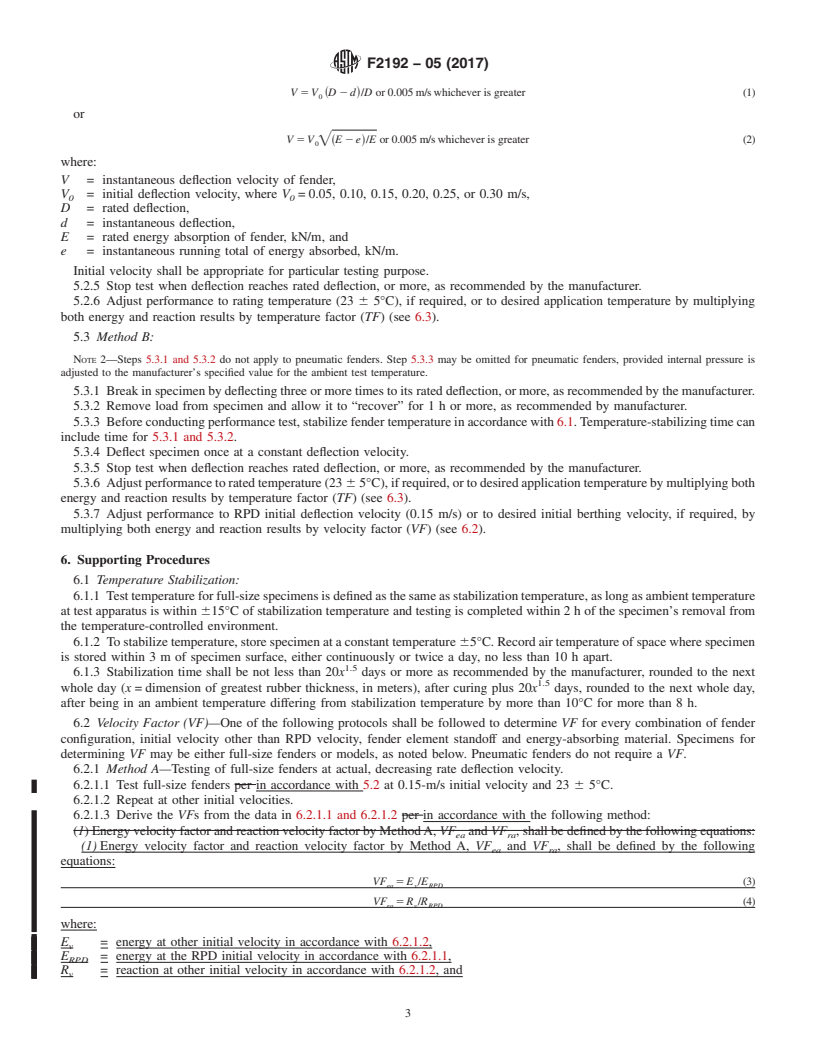 REDLINE ASTM F2192-05(2017) - Standard Test Method for  Determining and Reporting the Berthing Energy and Reaction  of Marine Fenders