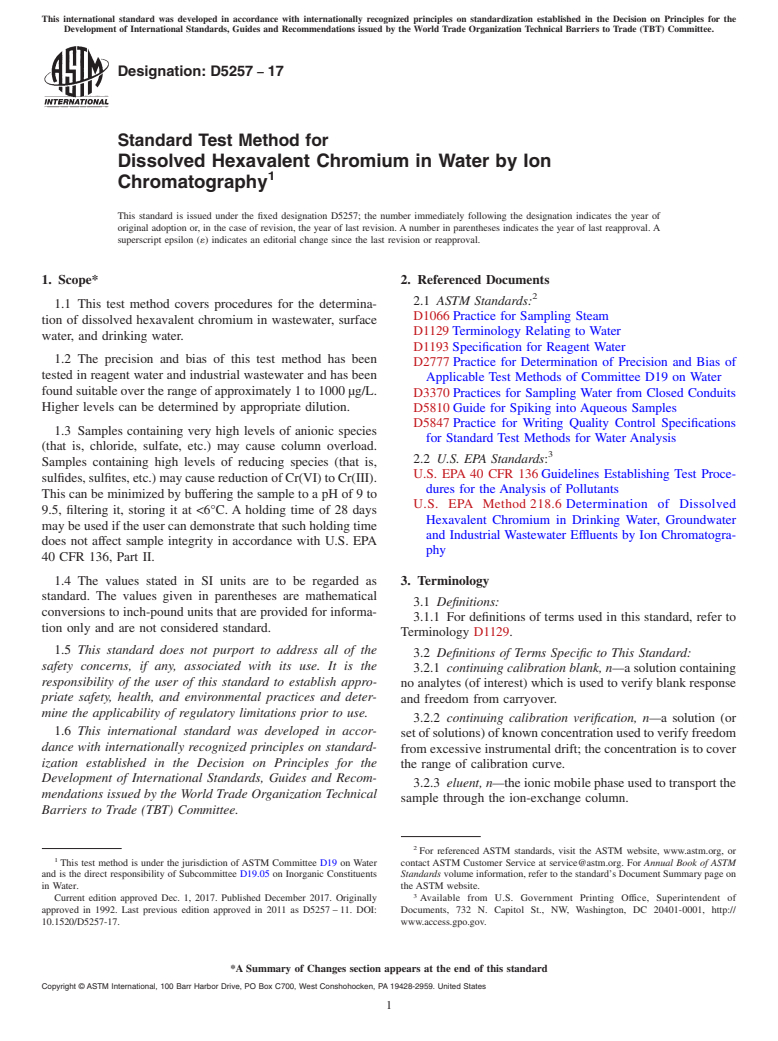 ASTM D5257-17 - Standard Test Method for  Dissolved Hexavalent Chromium in Water by Ion Chromatography