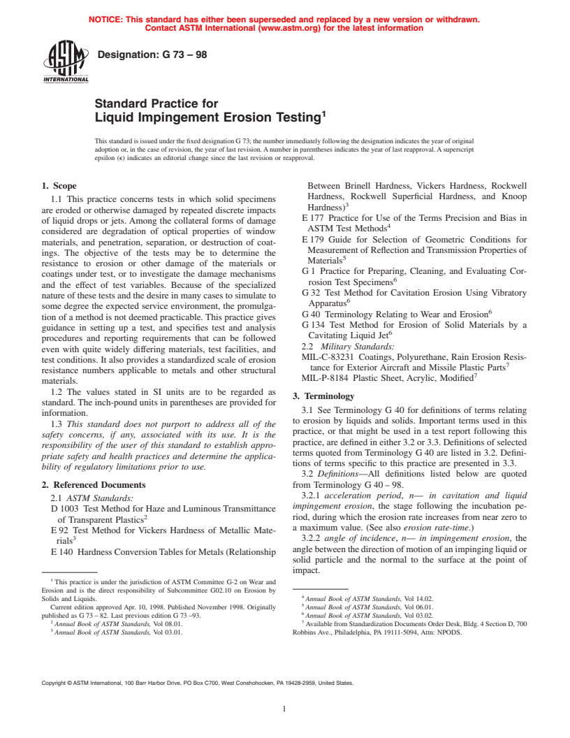 ASTM G73-98 - Standard Practice for Liquid Impingement Erosion Testing