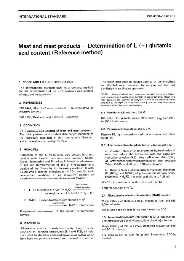 ISO 4134:1978 - Meat and meat products -- Determination of L-(+)- glutamic acid content -- Reference method