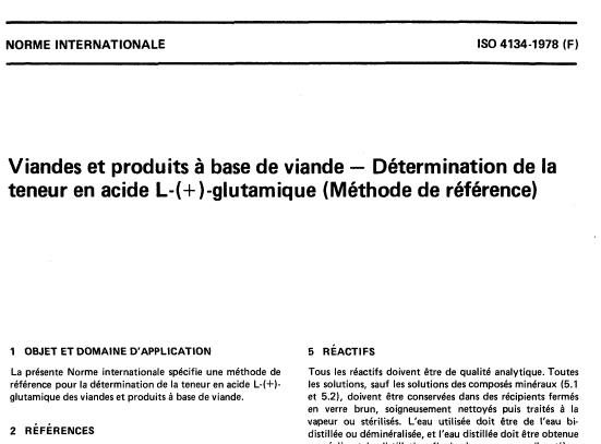 ISO 4134:1978 - Viandes et produits a base de viande -- Détermination de la teneur en acide L-(+)-glutamique -- Méthode de référence