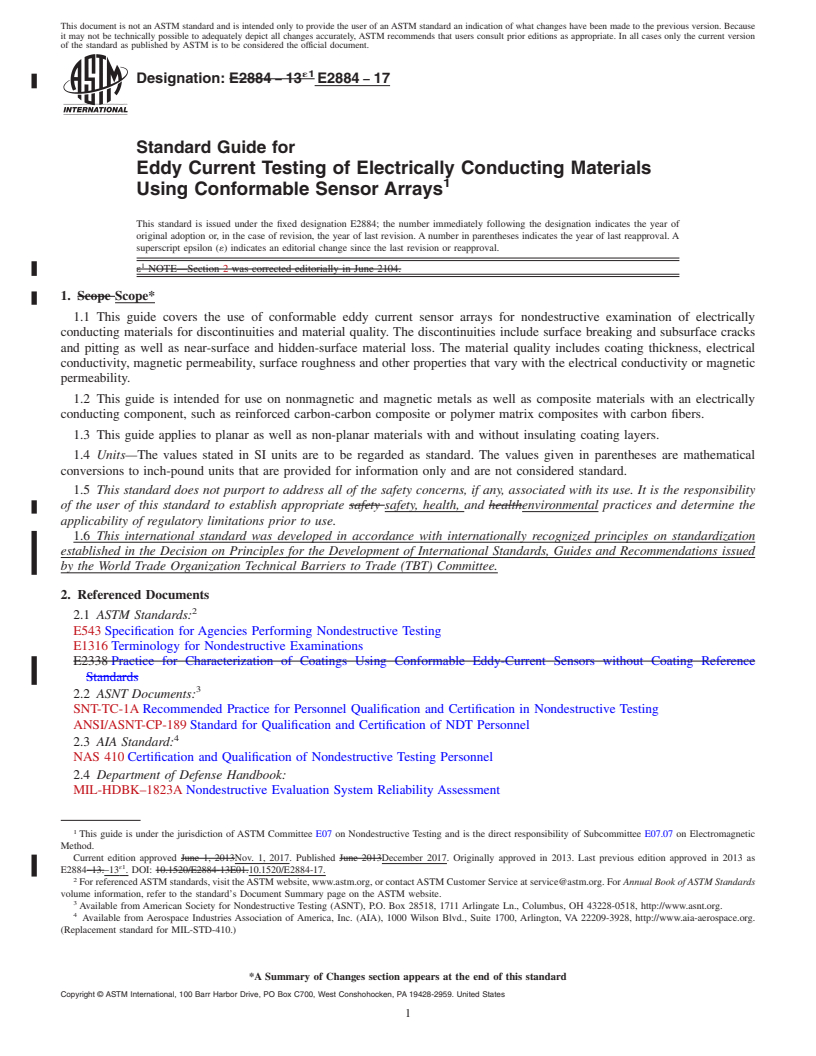REDLINE ASTM E2884-17 - Standard Guide for  Eddy Current Testing of Electrically Conducting Materials Using  Conformable Sensor Arrays