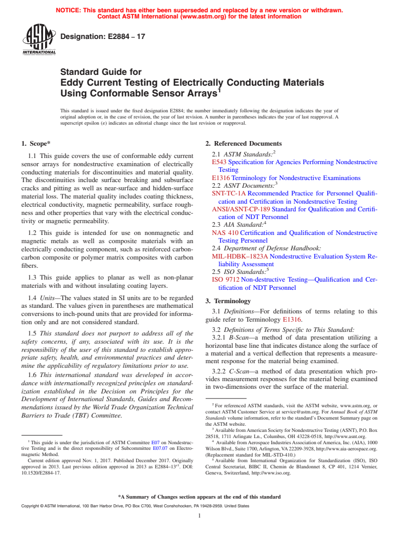 ASTM E2884-17 - Standard Guide for  Eddy Current Testing of Electrically Conducting Materials Using  Conformable Sensor Arrays