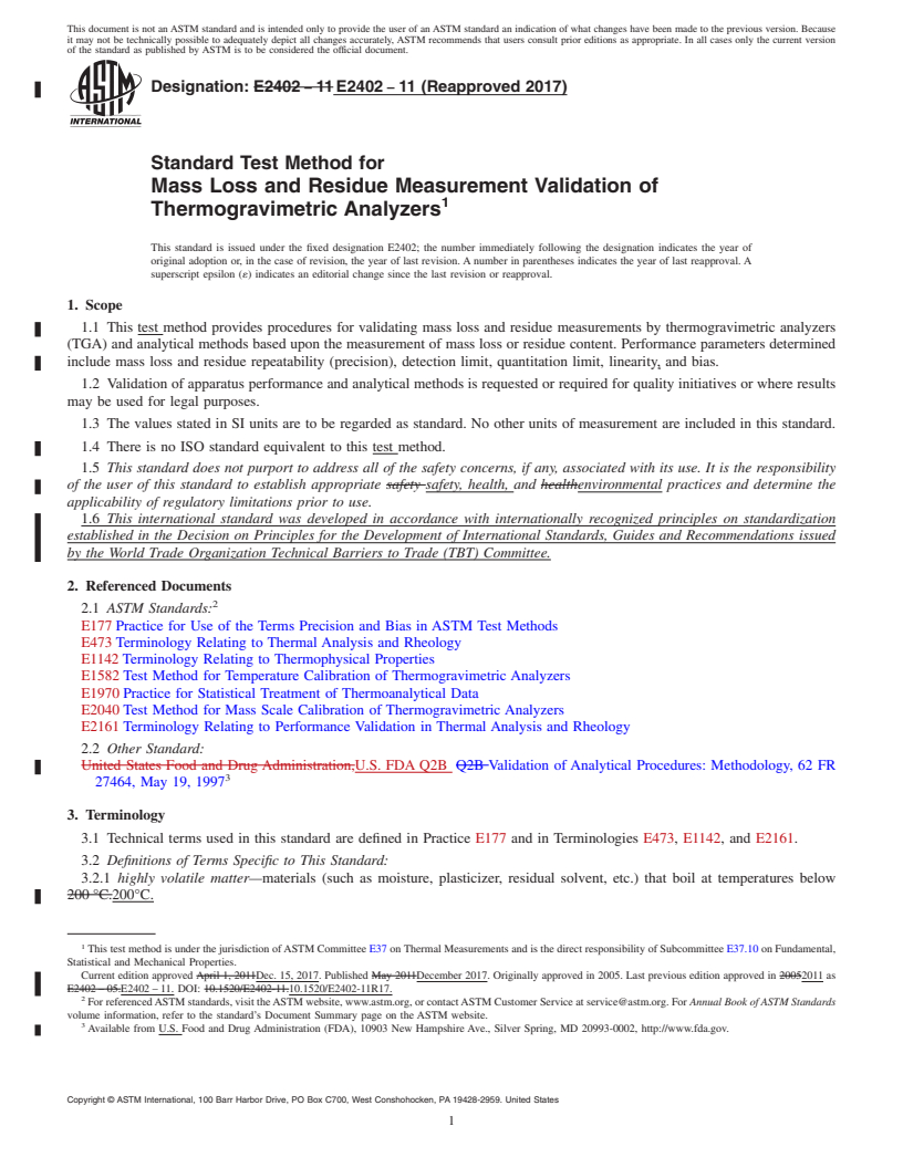 REDLINE ASTM E2402-11(2017) - Standard Test Method for Mass Loss and Residue Measurement Validation of Thermogravimetric  Analyzers