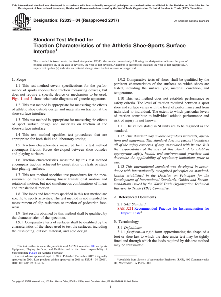 ASTM F2333-04(2017) - Standard Test Method for Traction Characteristics of the Athletic Shoe-Sports Surface  Interface