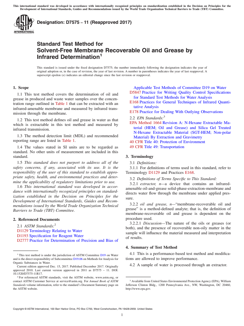 ASTM D7575-11(2017) - Standard Test Method for  Solvent-Free Membrane Recoverable Oil and Grease by Infrared  Determination