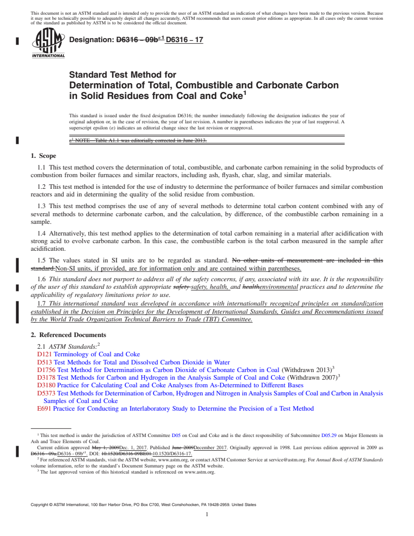 REDLINE ASTM D6316-17 - Standard Test Method for  Determination of Total, Combustible and Carbonate Carbon in  Solid Residues from Coal and Coke