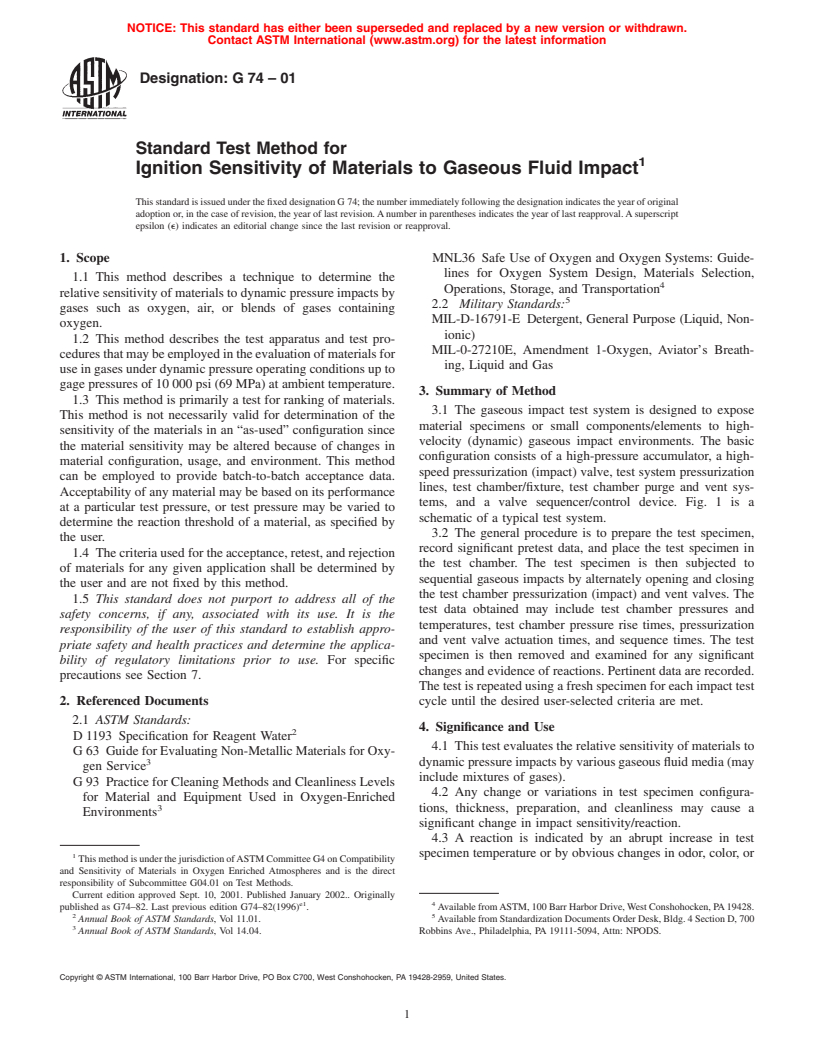 ASTM G74-01 - Standard Test Method for Ignition Sensitivity of Materials to Gaseous Fluid Impact