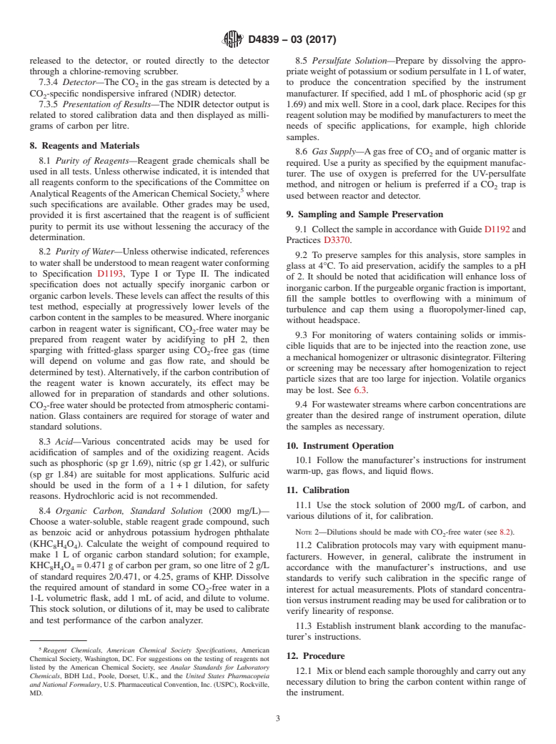 ASTM D4839-03(2017) - Standard Test Method for  Total Carbon and Organic Carbon in Water by Ultraviolet, or  Persulfate Oxidation, or Both, and Infrared Detection