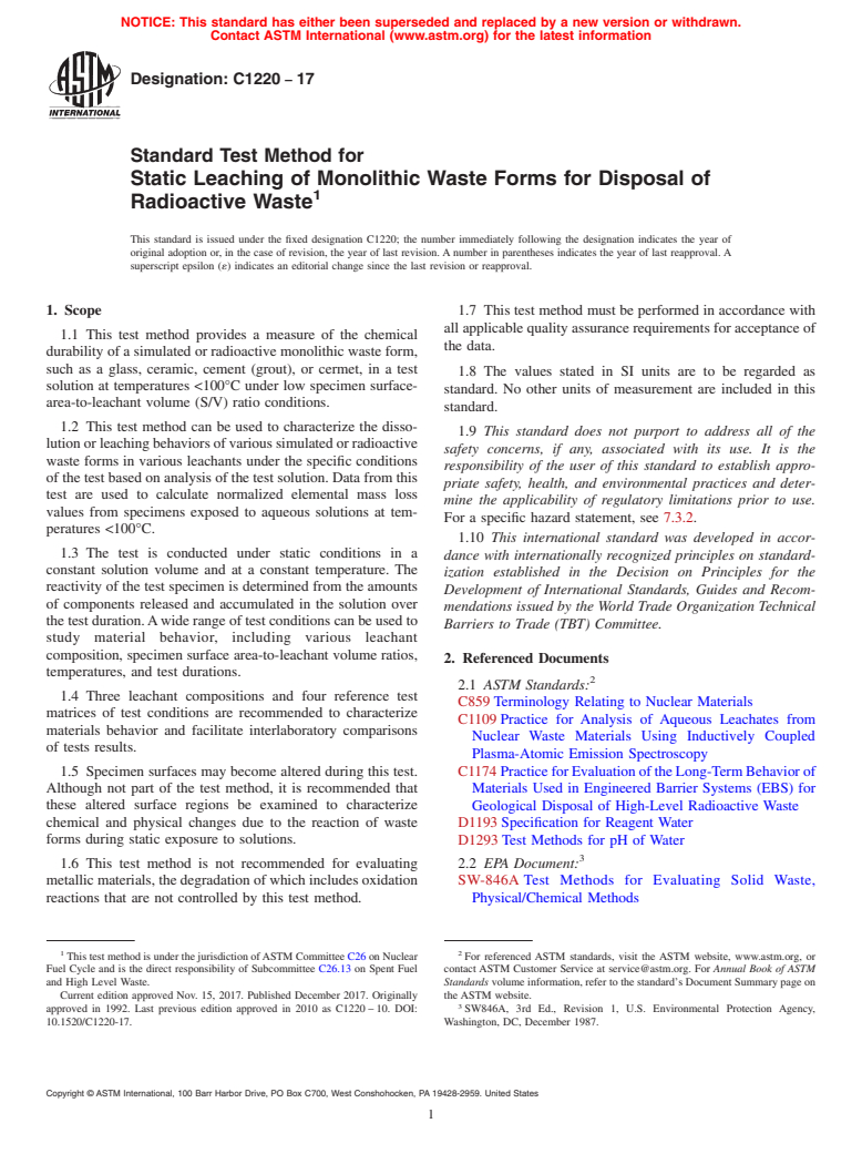 ASTM C1220-17 - Standard Test Method for  Static Leaching of Monolithic Waste Forms for Disposal of Radioactive  Waste