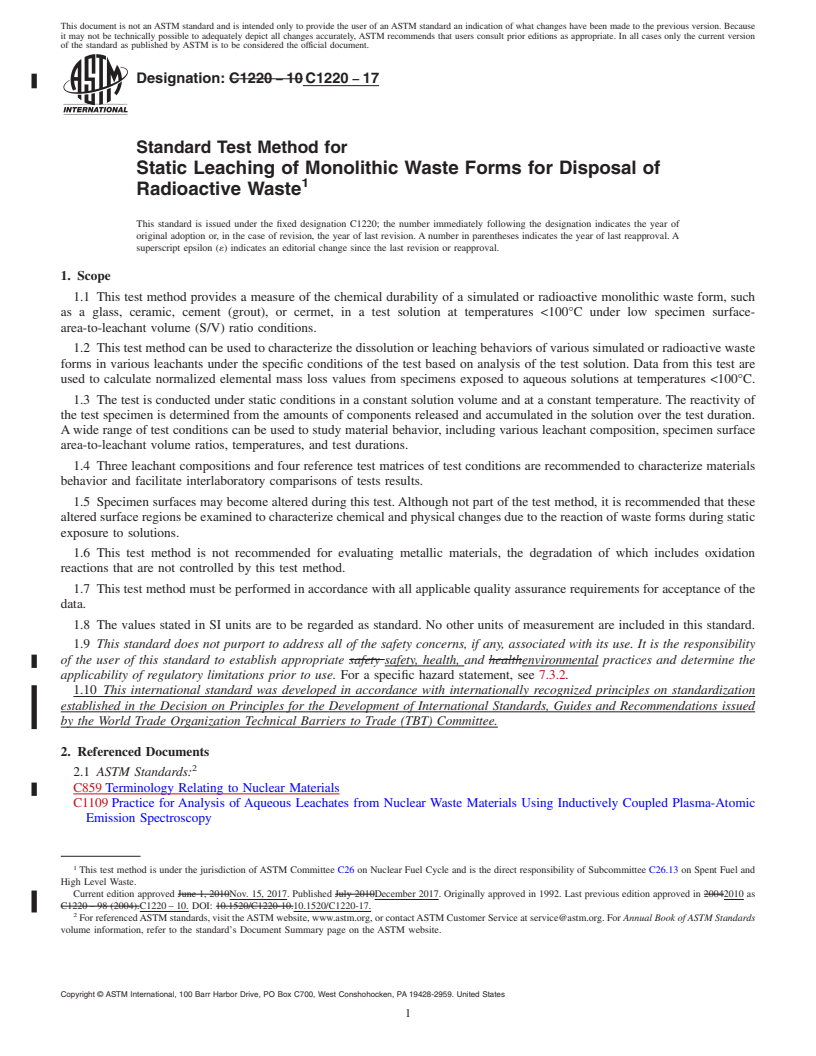 REDLINE ASTM C1220-17 - Standard Test Method for  Static Leaching of Monolithic Waste Forms for Disposal of Radioactive  Waste