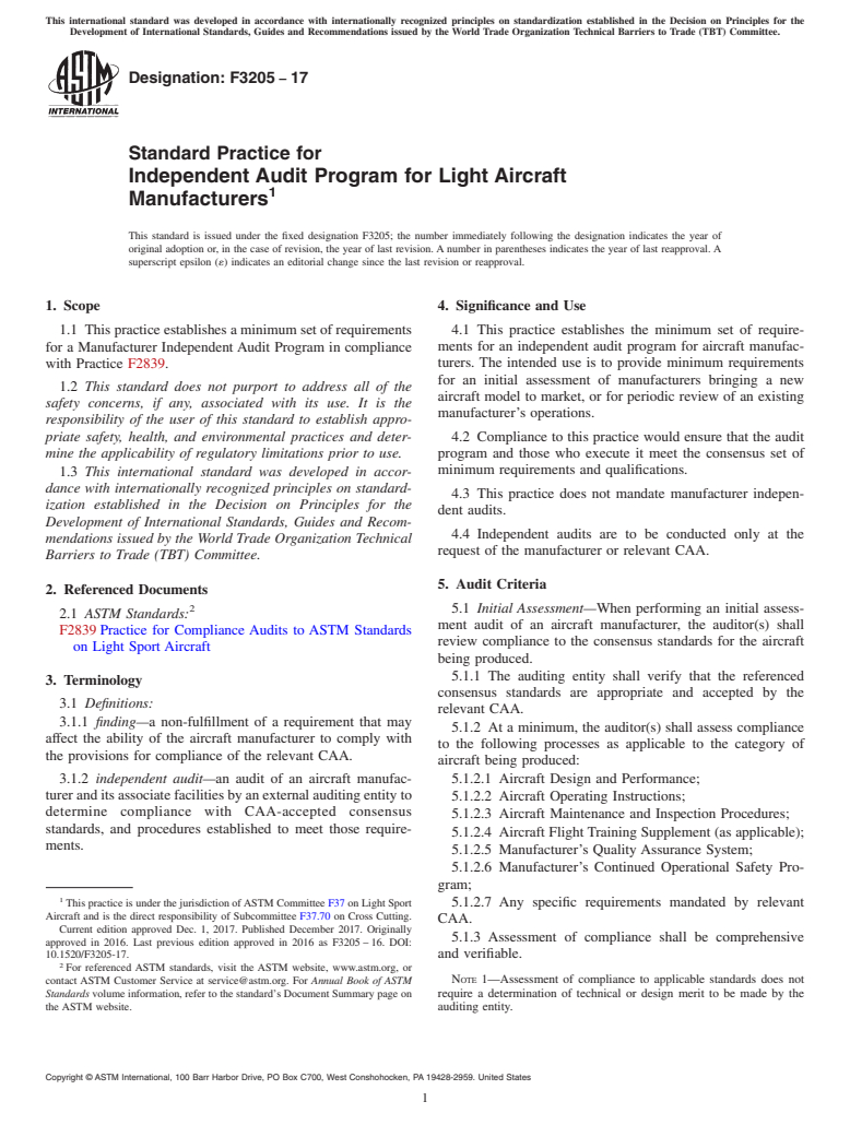 ASTM F3205-17 - Standard Practice for Independent Audit Program for Light Aircraft Manufacturers