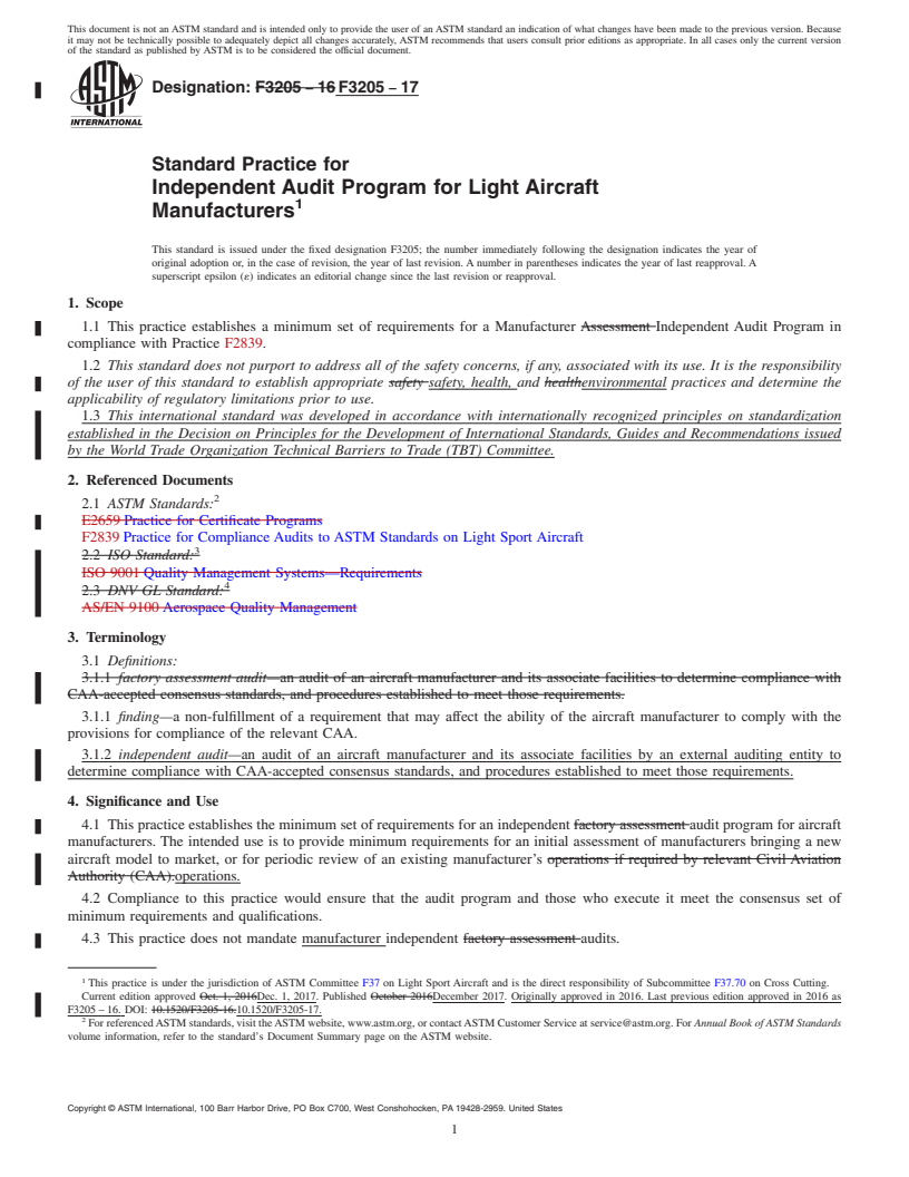 REDLINE ASTM F3205-17 - Standard Practice for Independent Audit Program for Light Aircraft Manufacturers
