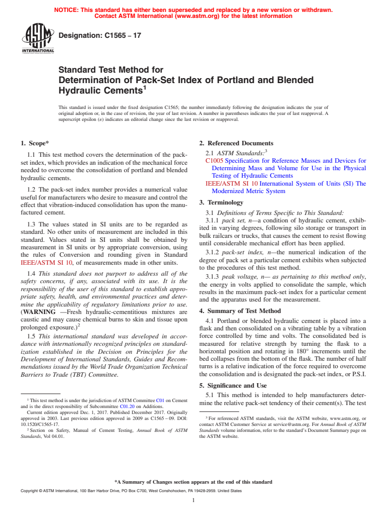 ASTM C1565-17 - Standard Test Method for  Determination of Pack-Set Index of Portland and Blended Hydraulic  Cements