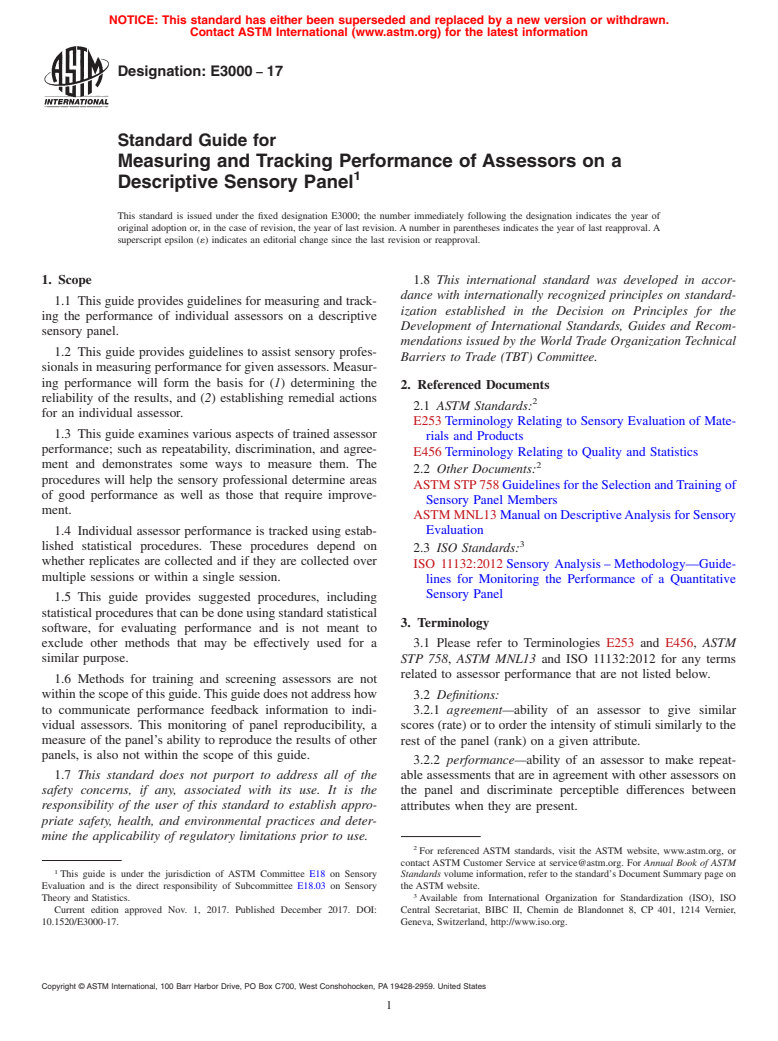 ASTM E3000-17 - Standard Guide for Measuring and Tracking Performance of Assessors on a Descriptive  Sensory Panel