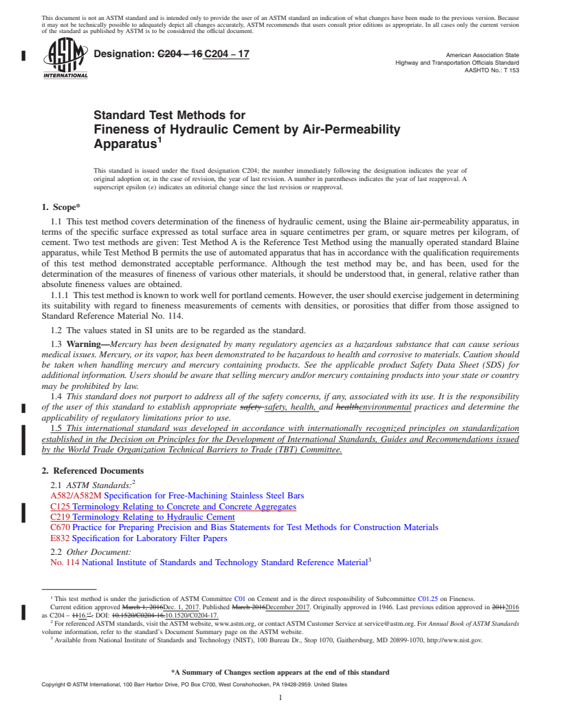 REDLINE ASTM C204-17 - Standard Test Methods for  Fineness of Hydraulic Cement by Air-Permeability Apparatus