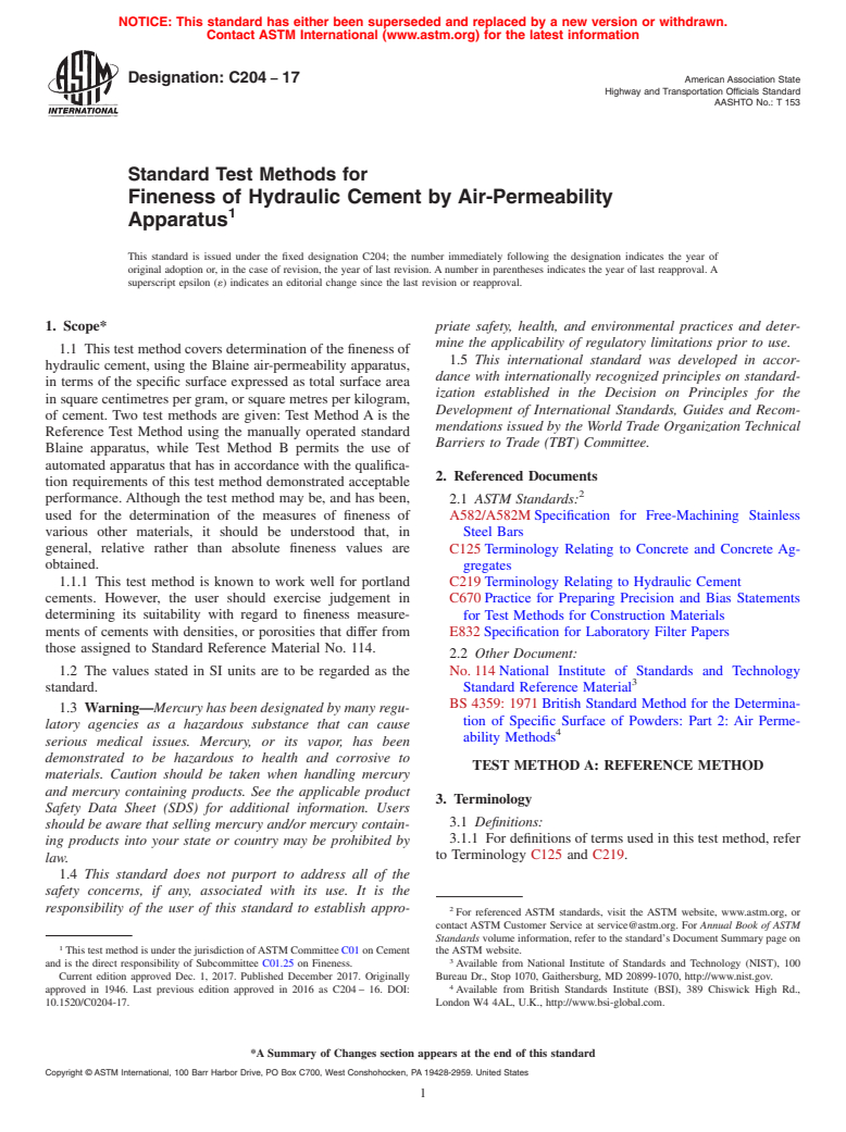 ASTM C204-17 - Standard Test Methods for  Fineness of Hydraulic Cement by Air-Permeability Apparatus