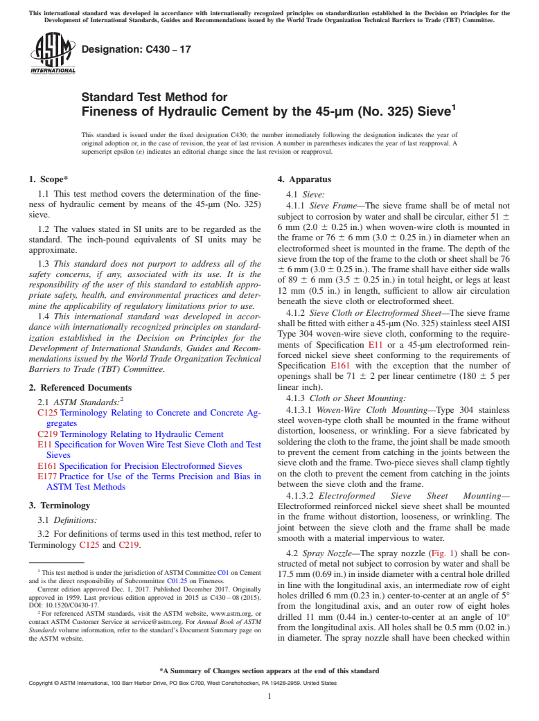 ASTM C430-17 - Standard Test Method for  Fineness of Hydraulic Cement by the 45-&#x3bc;m (No. 325) Sieve