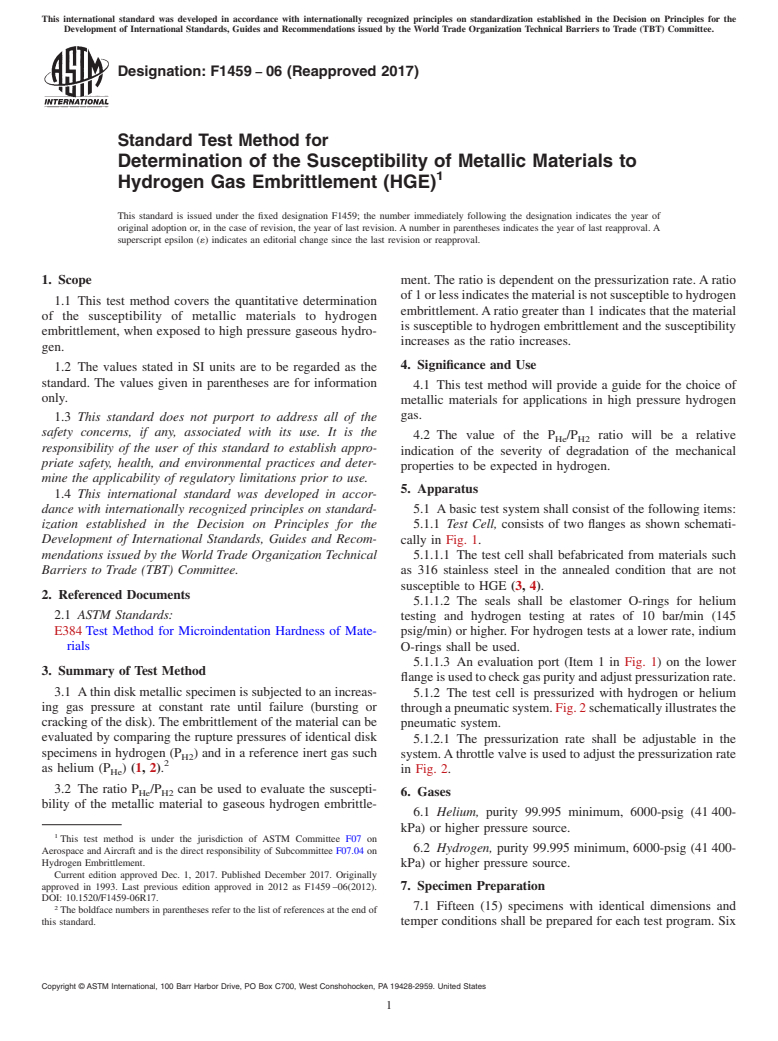 ASTM F1459-06(2017) - Standard Test Method for  Determination of the Susceptibility of Metallic Materials to  Hydrogen Gas Embrittlement (HGE)