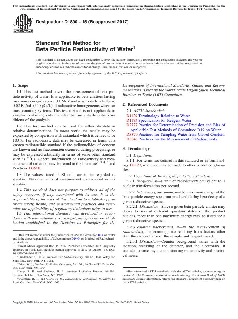 ASTM D1890-15(2017) - Standard Test Method for  Beta Particle Radioactivity of Water