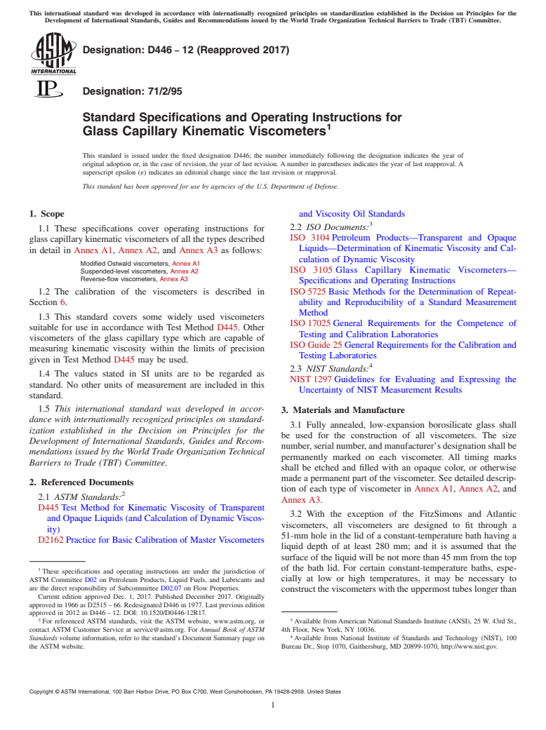 ASTM D446-12(2017) - Standard Specifications and Operating Instructions for Glass Capillary Kinematic Viscometers