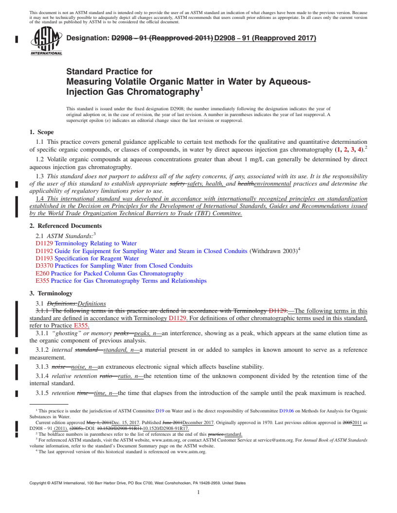 REDLINE ASTM D2908-91(2017) - Standard Practice for  Measuring Volatile Organic Matter in Water by Aqueous-Injection Gas Chromatography