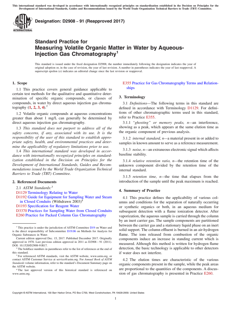 ASTM D2908-91(2017) - Standard Practice for  Measuring Volatile Organic Matter in Water by Aqueous-Injection Gas Chromatography