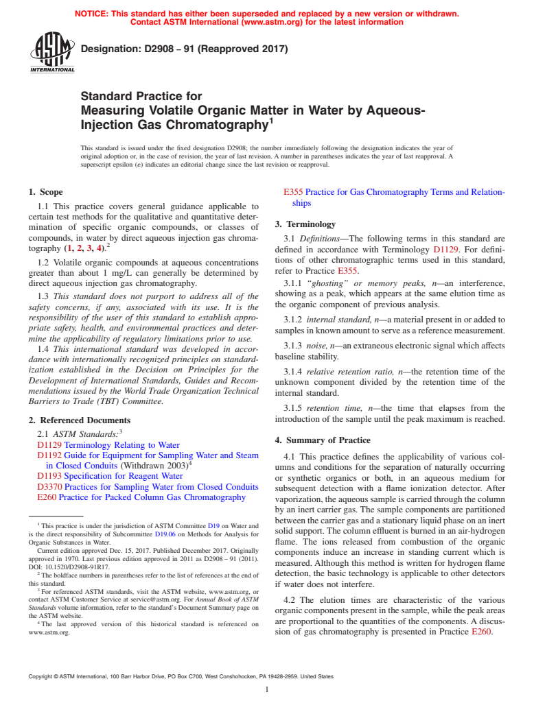 ASTM D2908-91(2017) - Standard Practice for  Measuring Volatile Organic Matter in Water by Aqueous-Injection Gas Chromatography