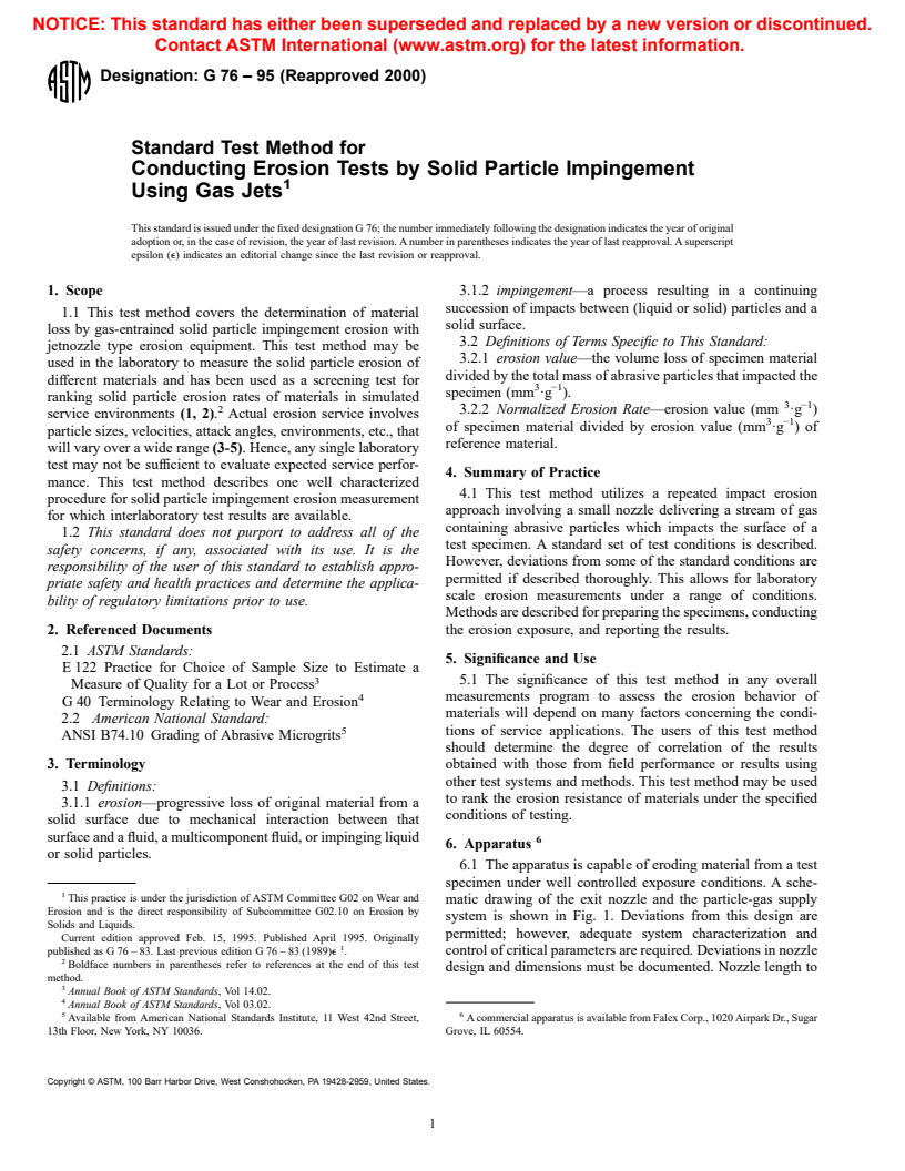 ASTM G76-95(2000) - Standard Test Method for Conducting Erosion Tests by Solid Particle Impingement Using Gas Jets