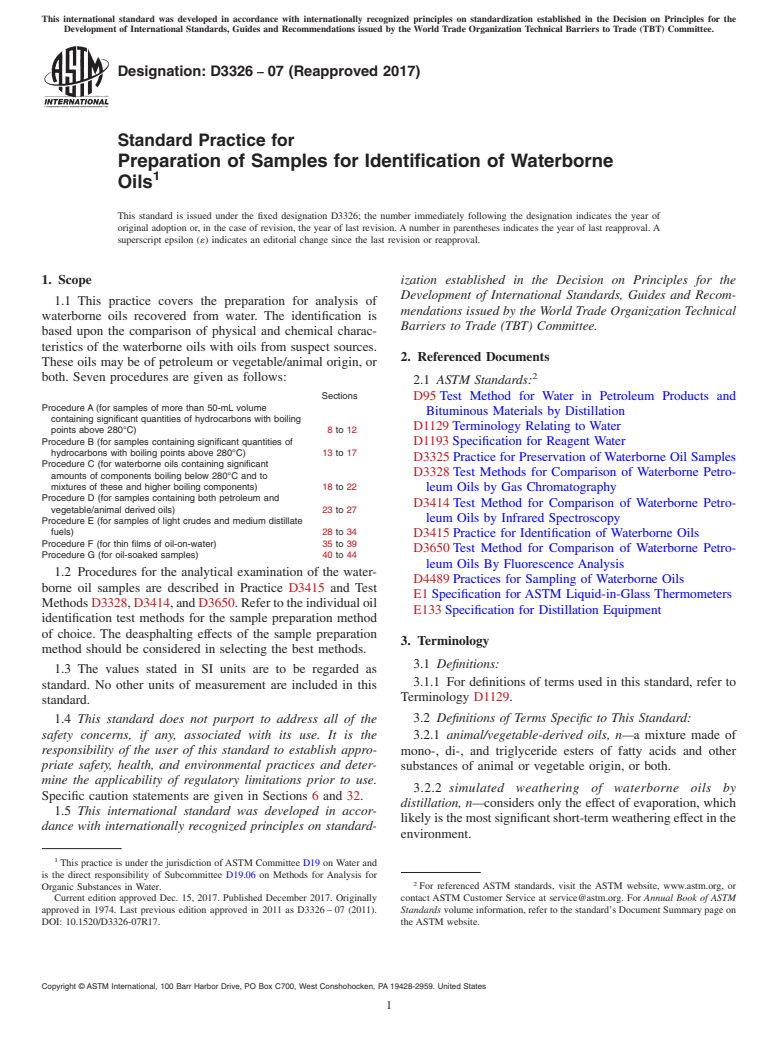 ASTM D3326-07(2017) - Standard Practice for  Preparation of Samples for Identification of Waterborne Oils