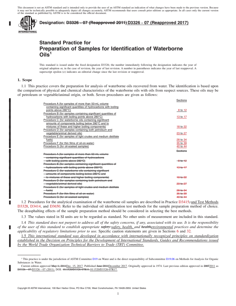 REDLINE ASTM D3326-07(2017) - Standard Practice for  Preparation of Samples for Identification of Waterborne Oils