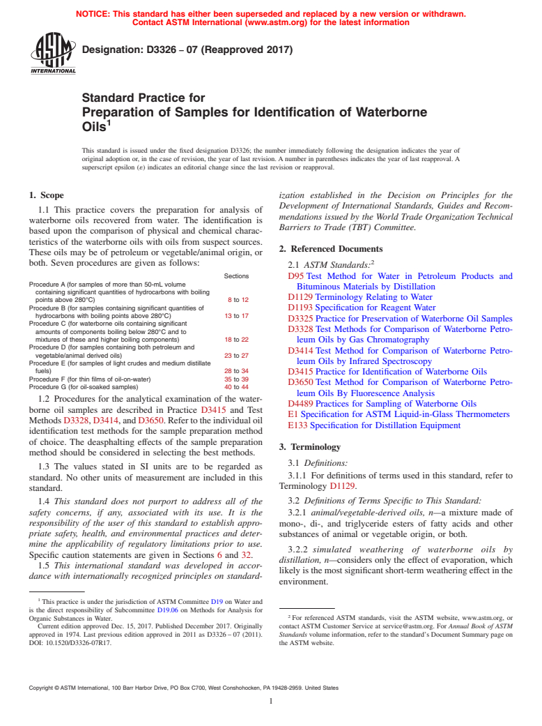 ASTM D3326-07(2017) - Standard Practice for  Preparation of Samples for Identification of Waterborne Oils