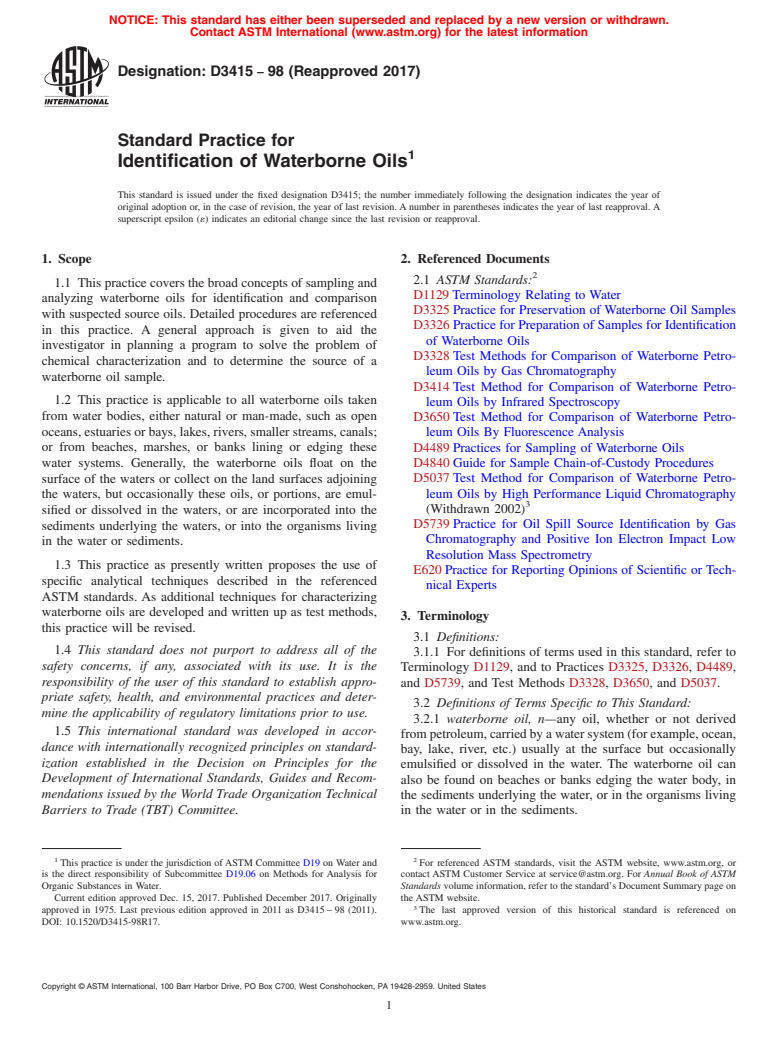 ASTM D3415-98(2017) - Standard Practice for  Identification of Waterborne Oils