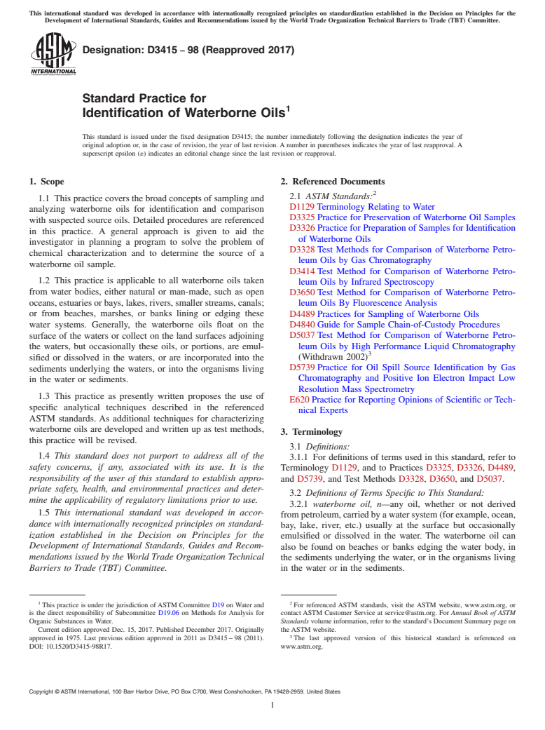 ASTM D3415-98(2017) - Standard Practice for  Identification of Waterborne Oils