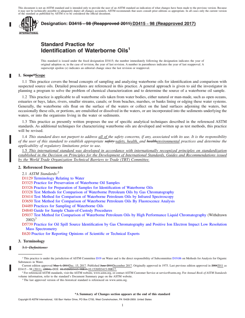 REDLINE ASTM D3415-98(2017) - Standard Practice for  Identification of Waterborne Oils