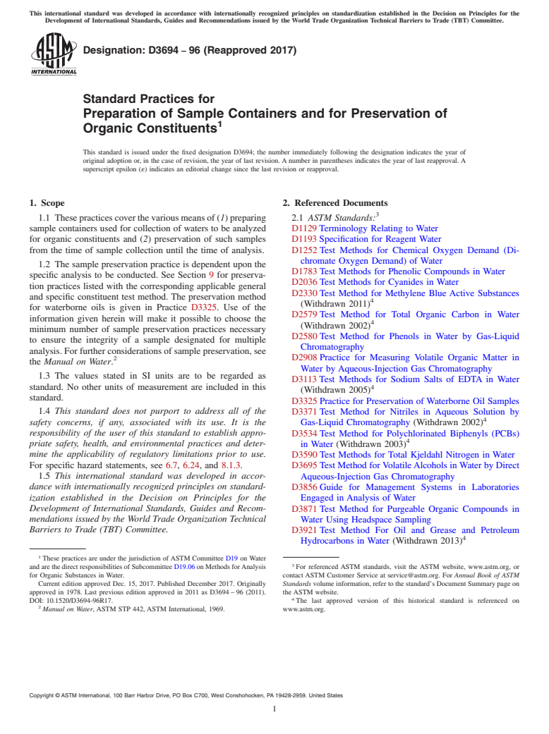 ASTM D3694-96(2017) - Standard Practices for  Preparation of Sample Containers and for Preservation of Organic  Constituents