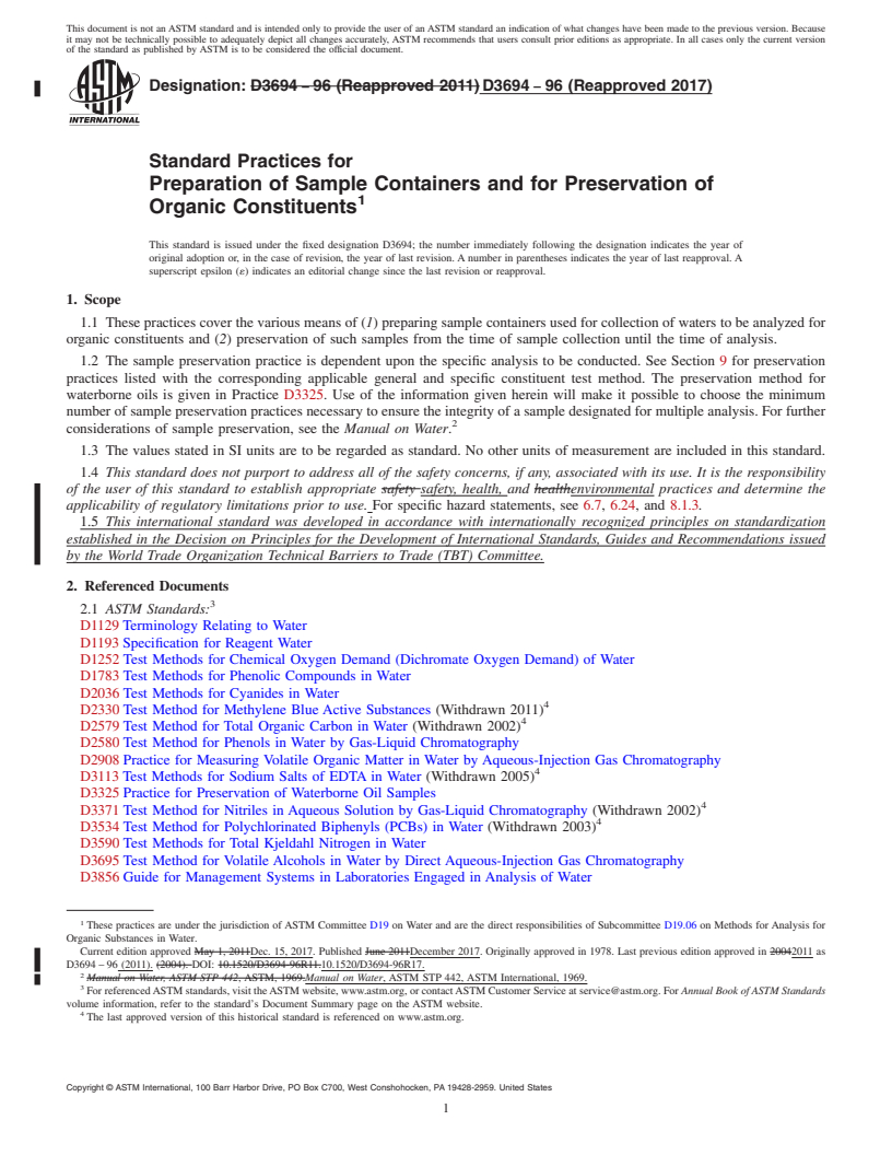 REDLINE ASTM D3694-96(2017) - Standard Practices for  Preparation of Sample Containers and for Preservation of Organic  Constituents