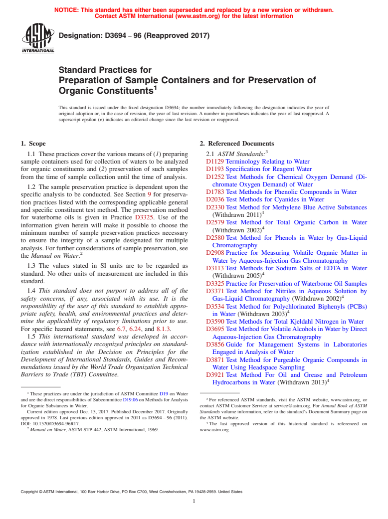 ASTM D3694-96(2017) - Standard Practices for  Preparation of Sample Containers and for Preservation of Organic  Constituents