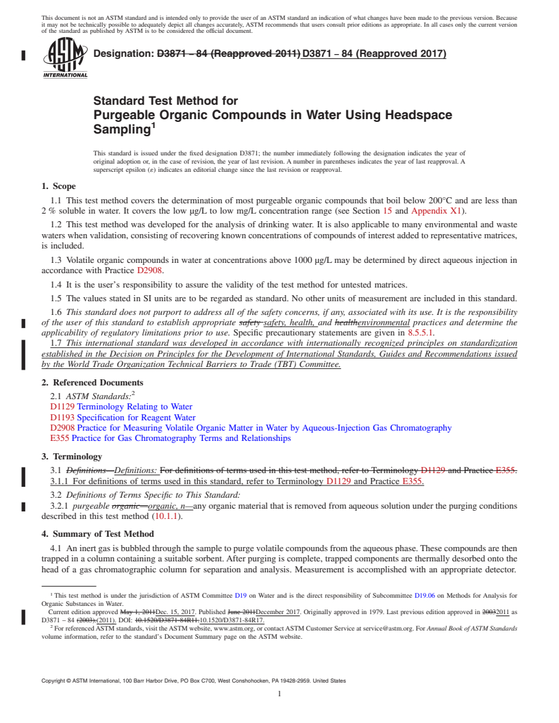 REDLINE ASTM D3871-84(2017) - Standard Test Method for  Purgeable Organic Compounds in Water Using Headspace Sampling