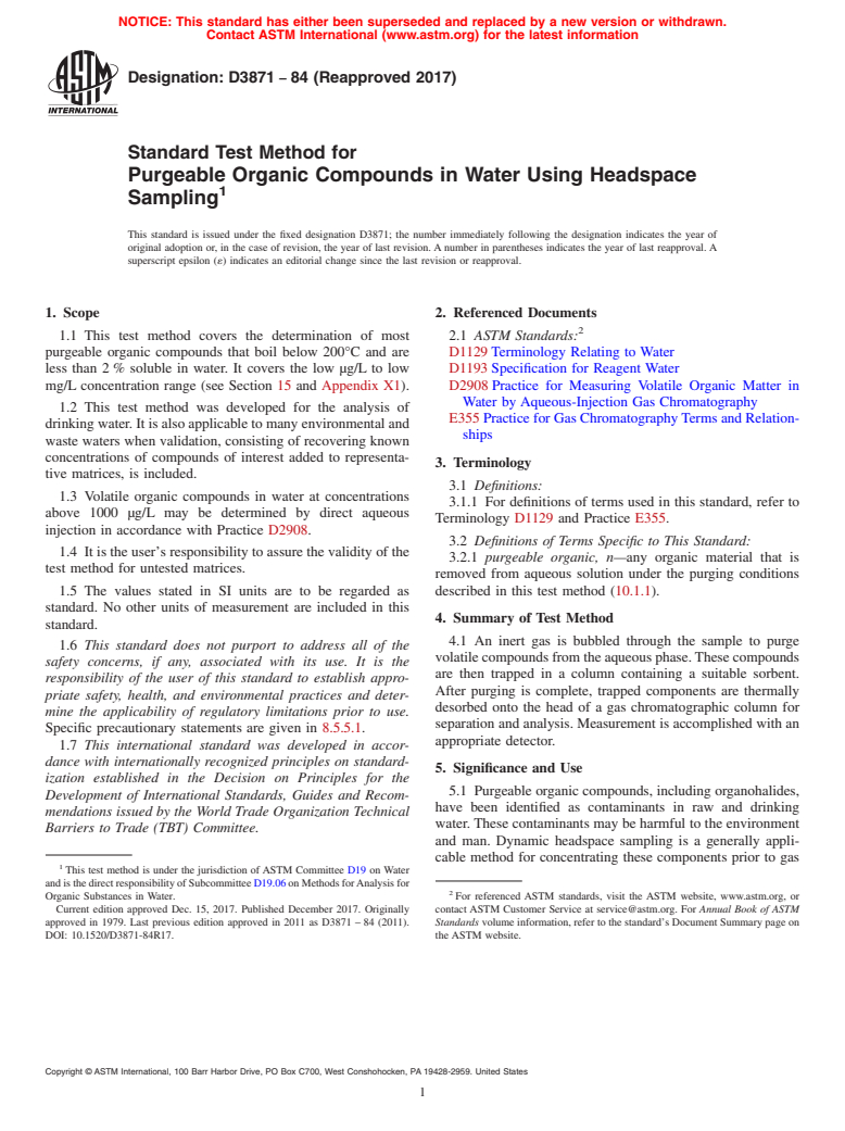 ASTM D3871-84(2017) - Standard Test Method for  Purgeable Organic Compounds in Water Using Headspace Sampling